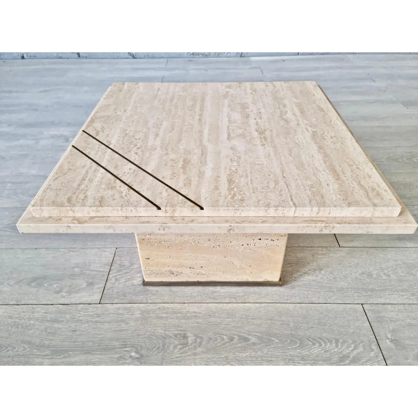 Vintage Mid Century Modern Travertine and Metal Coffee Table Willy Rizzo Style