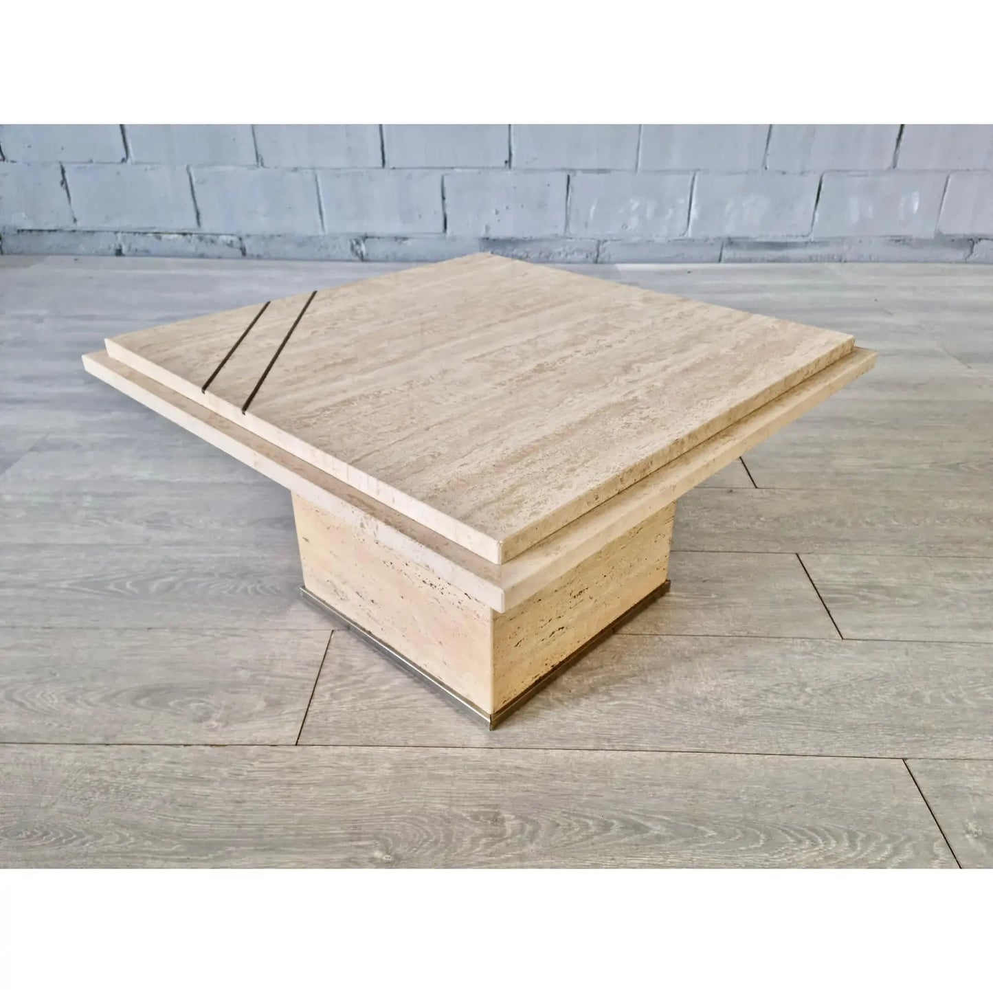 Vintage Mid Century Modern Travertine and Metal Coffee Table Willy Rizzo Style