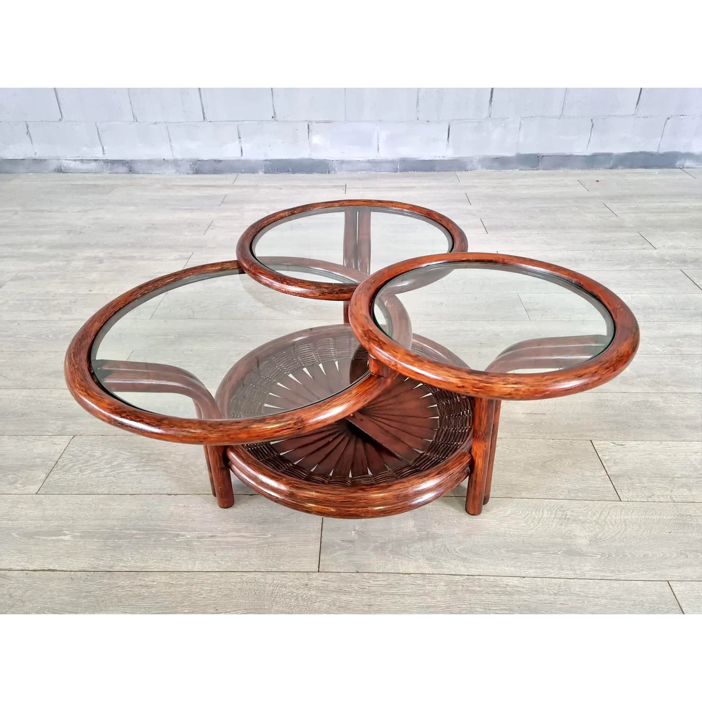 Vintage Three-Tiered Round Bamboo Cane Coffee Side Table