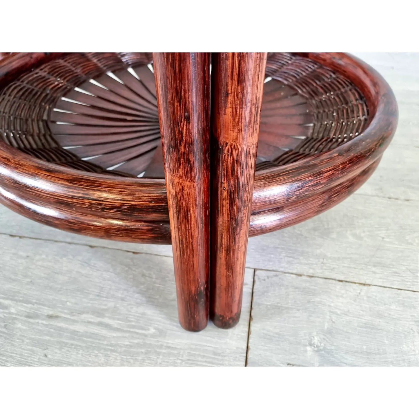 Vintage Three-Tiered Round Bamboo Cane Coffee Side Table